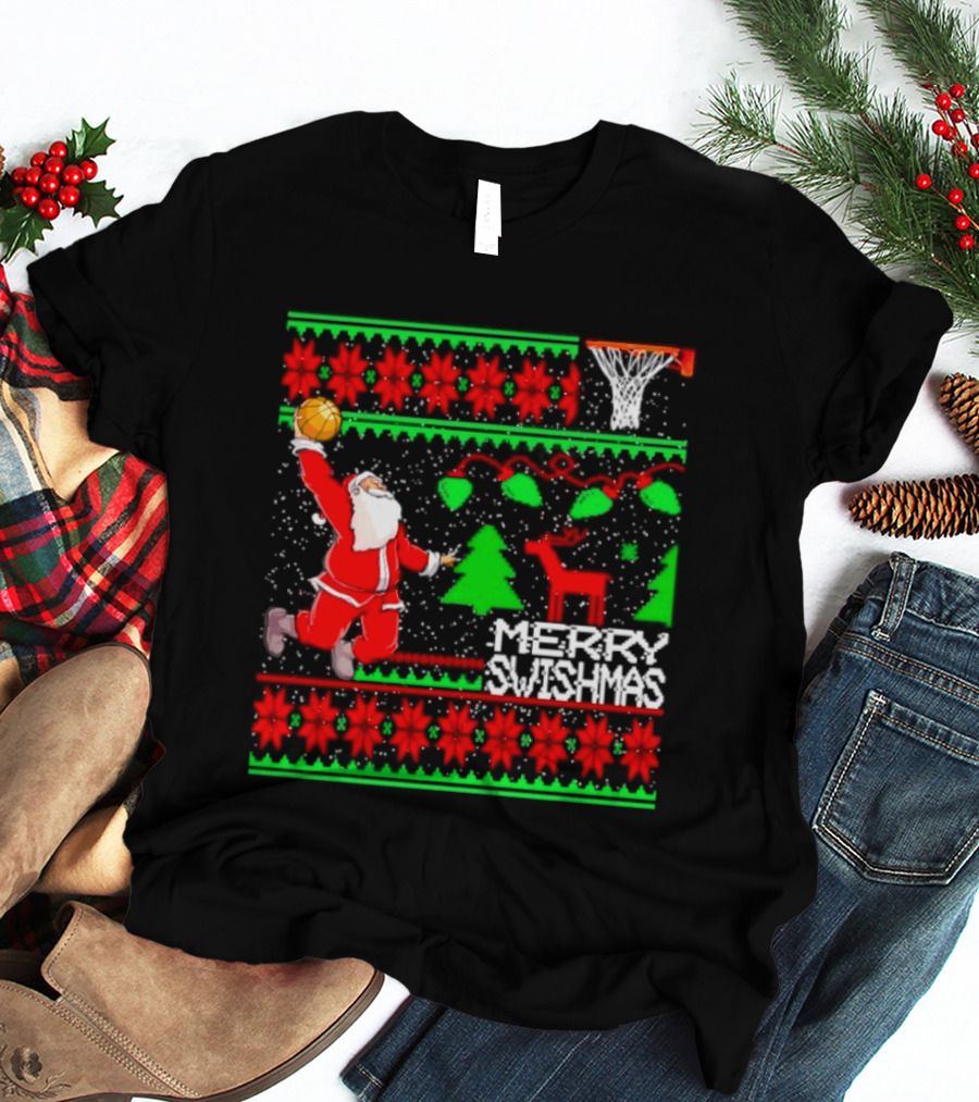 Santa Claus Dunking Basketball Ugly Christmas Sweater Merry Swishmas T-Shirt