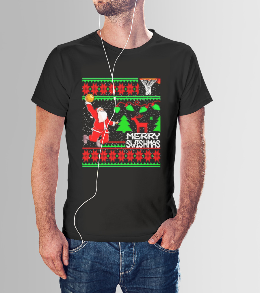 Santa Claus Dunking Basketball Ugly Christmas Sweater Merry Swishmas T-Shirt