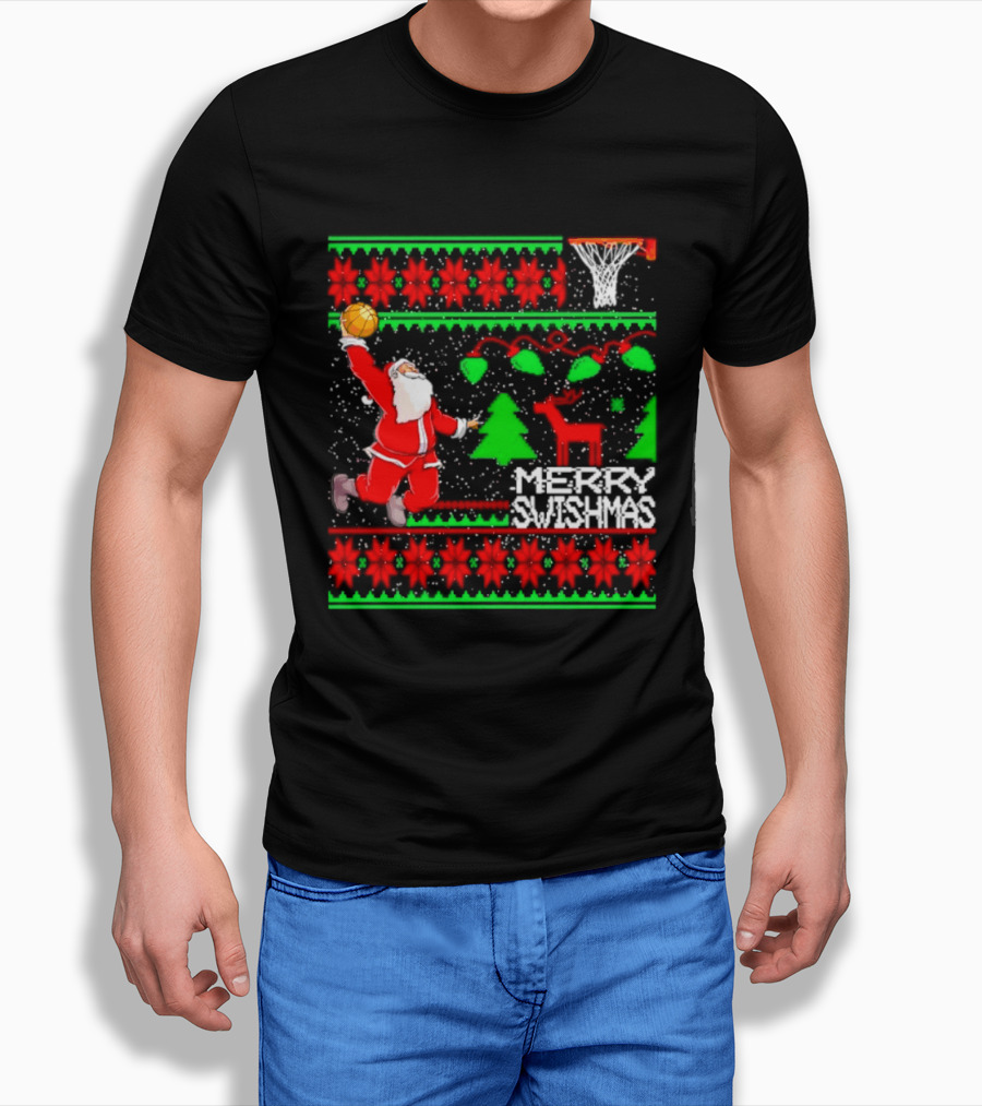 Santa Claus Dunking Basketball Ugly Christmas Sweater Merry Swishmas T-Shirt
