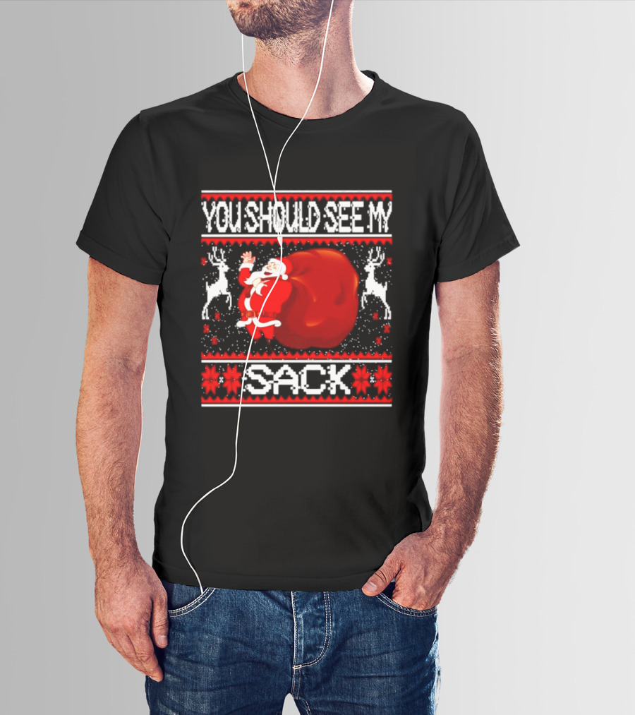 You Should See My Sack Santa Claus Ugly Christmas Reindeer Snowflakes T-Shirt