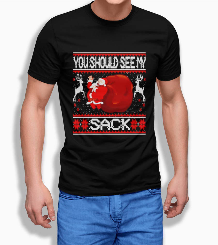 You Should See My Sack Santa Claus Ugly Christmas Reindeer Snowflakes T-Shirt