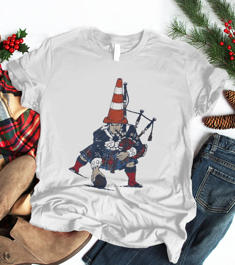 Bagpipes Player With Traffic Cone Hat Scottish Kilt Outfit T-Shirt