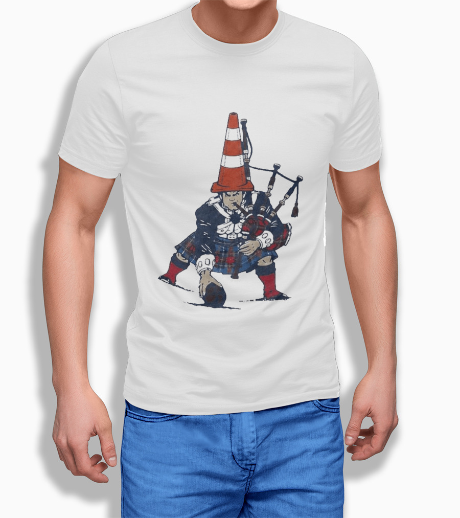 Bagpipes Player With Traffic Cone Hat Scottish Kilt Outfit T-Shirt