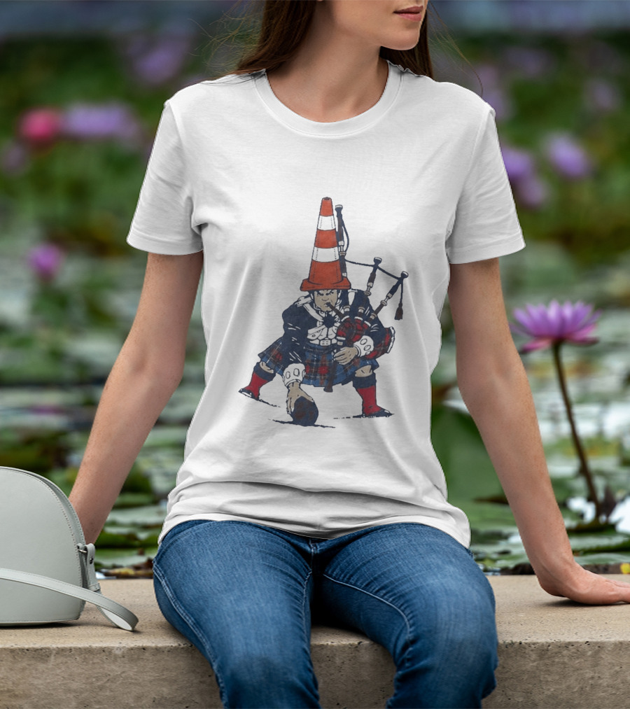 Bagpipes Player With Traffic Cone Hat Scottish Kilt Outfit T-Shirt