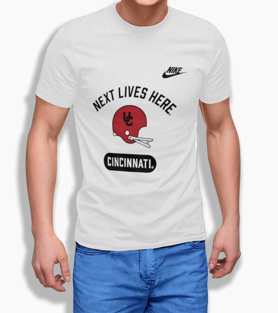 Next Lives Here Cincinnati UC Football Helmet Nike T-Shirt