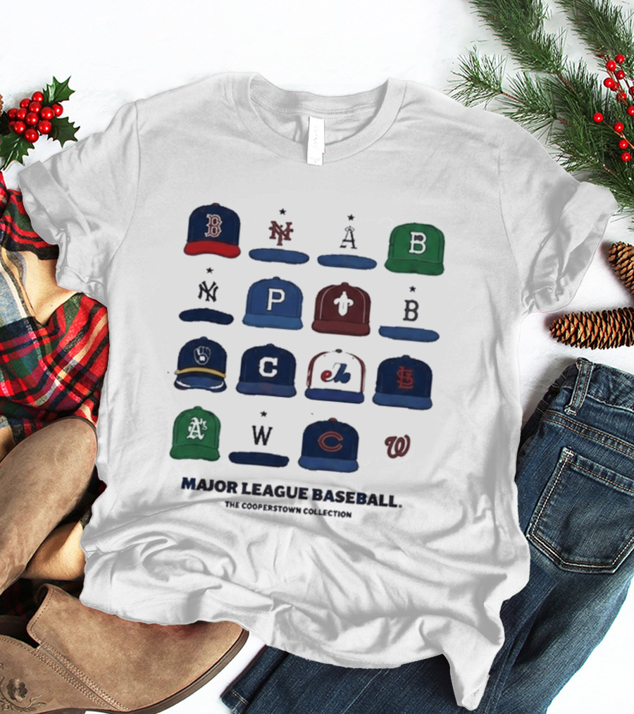 Major League Baseball Cooperstown Collection Cap Collage Featuring Historic Team Logos T-Shirt