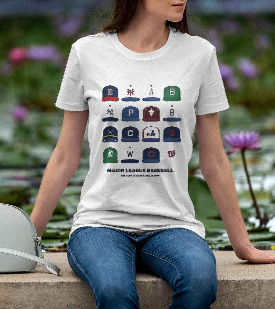 Major League Baseball Cooperstown Collection Cap Collage Featuring Historic Team Logos T-Shirt