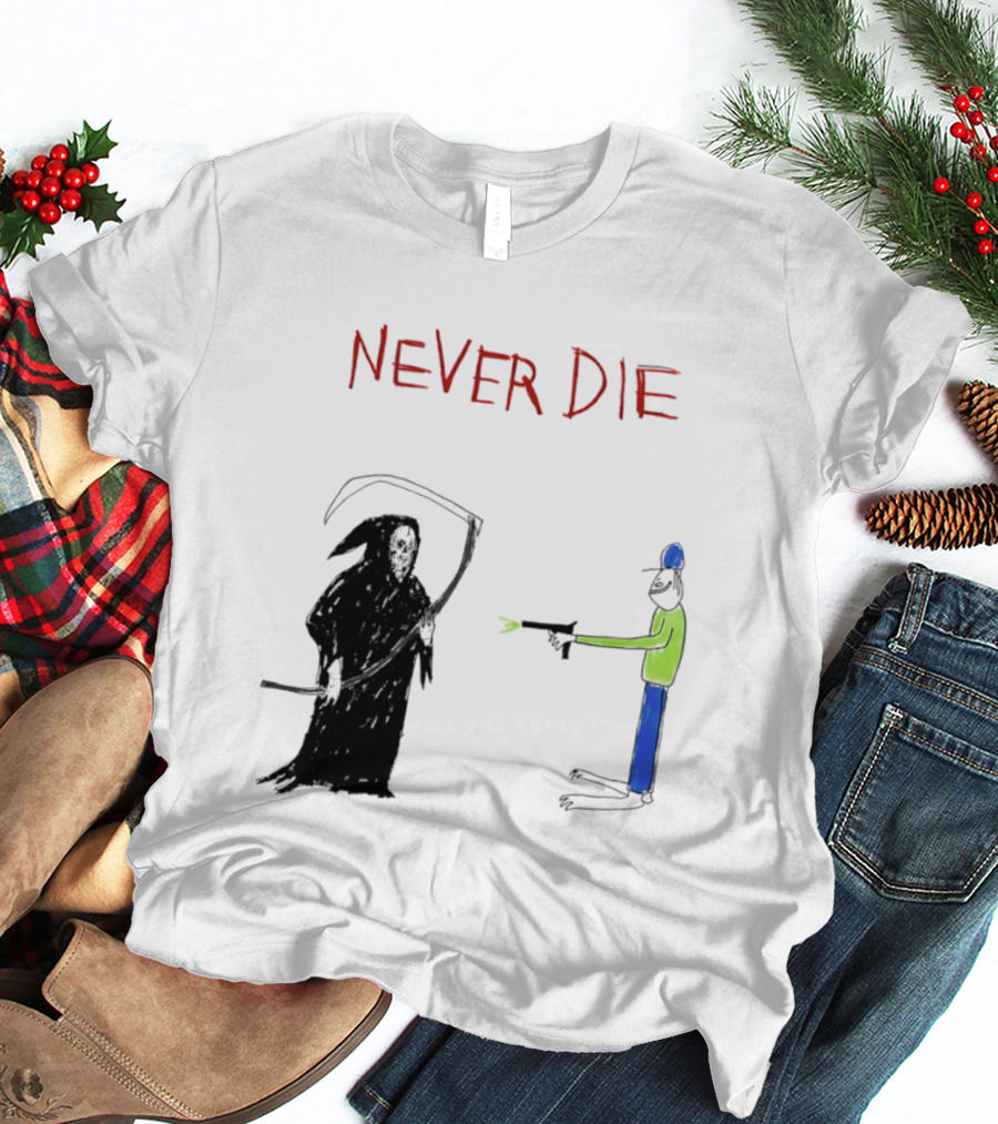 Never Die Grim Reaper Confronts Armed Man Drawing T-Shirt