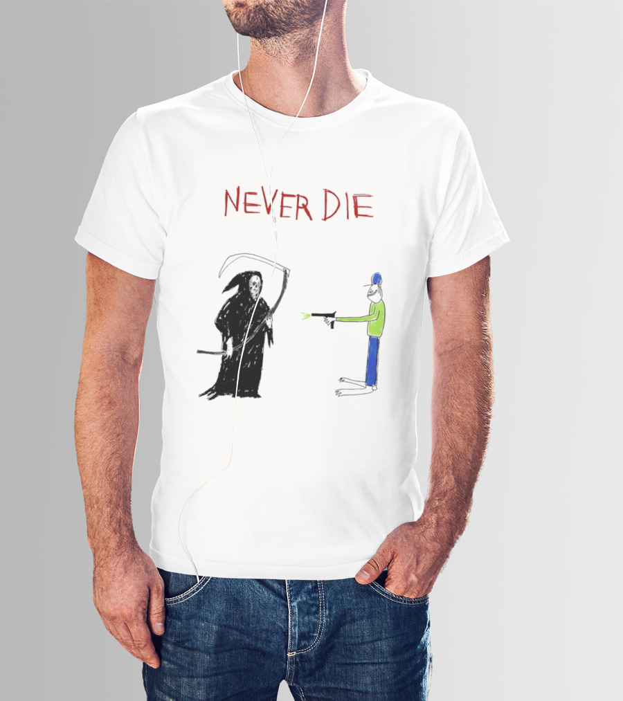 Never Die Grim Reaper Confronts Armed Man Drawing T-Shirt