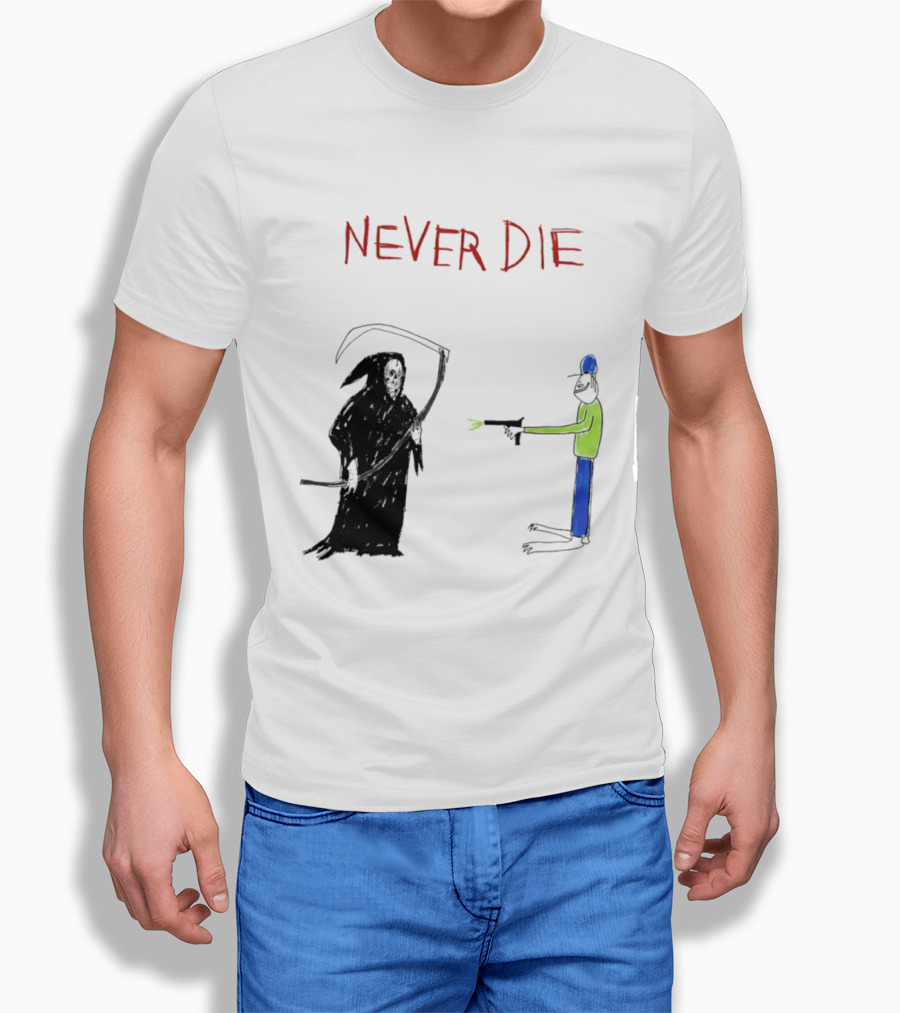 Never Die Grim Reaper Confronts Armed Man Drawing T-Shirt