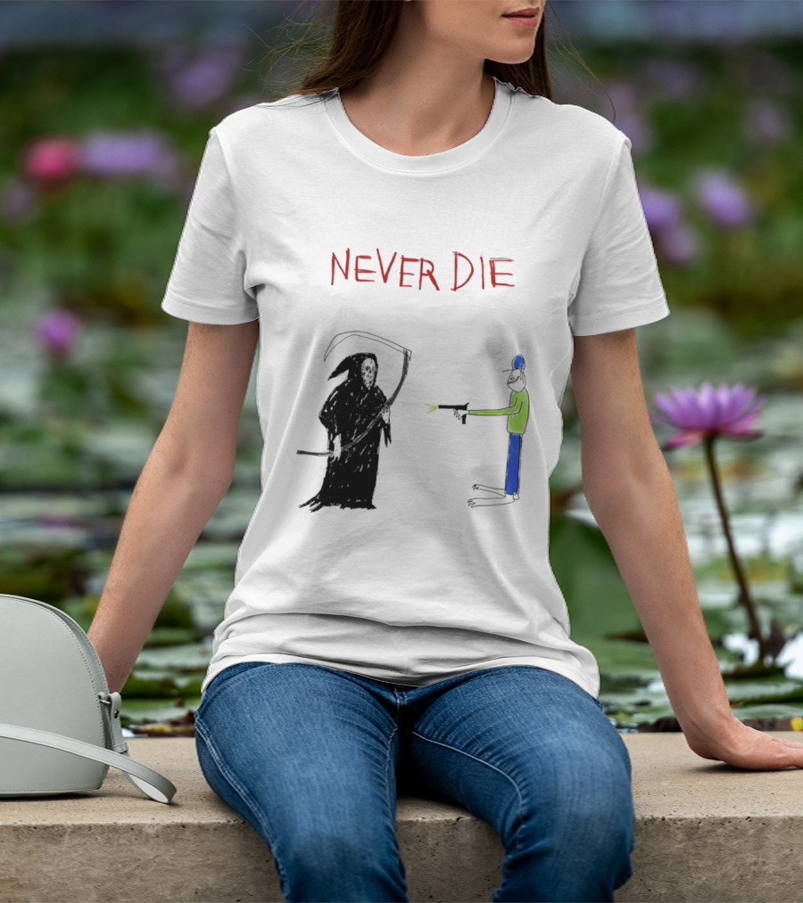 Never Die Grim Reaper Confronts Armed Man Drawing T-Shirt