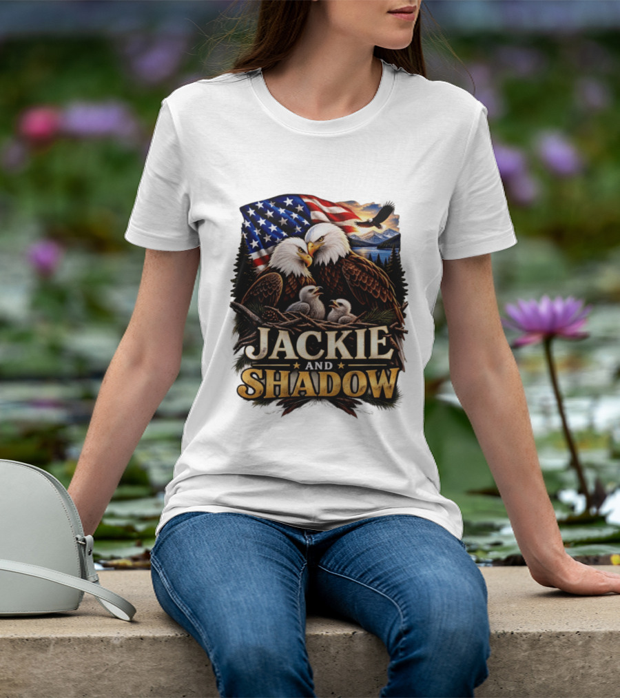 Jackie And Shadow Bald Eagles With American Flag T-Shirt