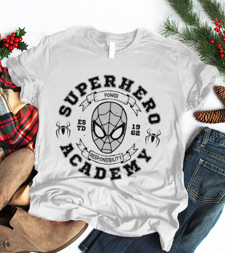 Superhero Academy Est 1962 Power Responsibility Alien Mask Spiders T-Shirt