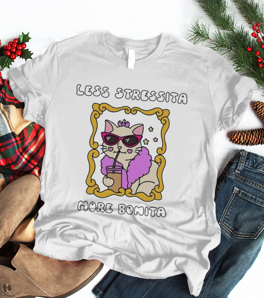 Less Stressita More Bonita Cat With Sunglasses And Drink Framed In Yellow Border T-Shirt
