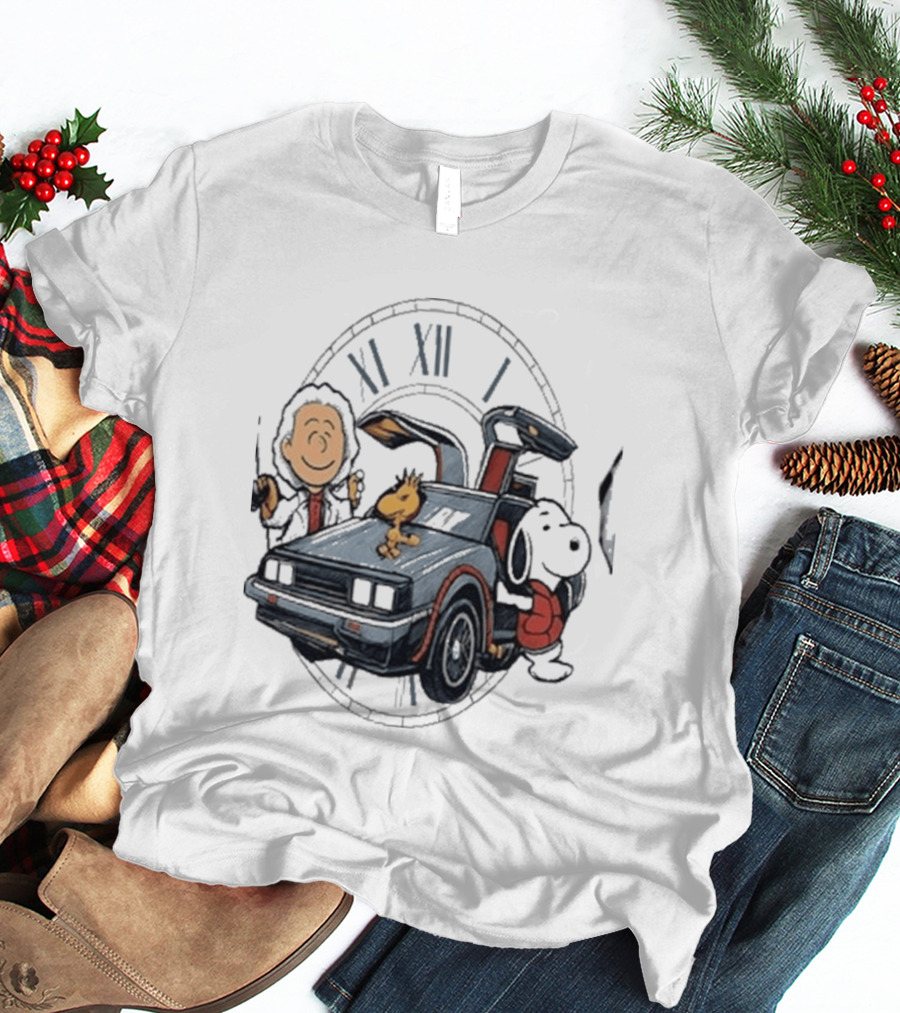 Peanuts Characters With DeLorean Time Machine And T-Shirt