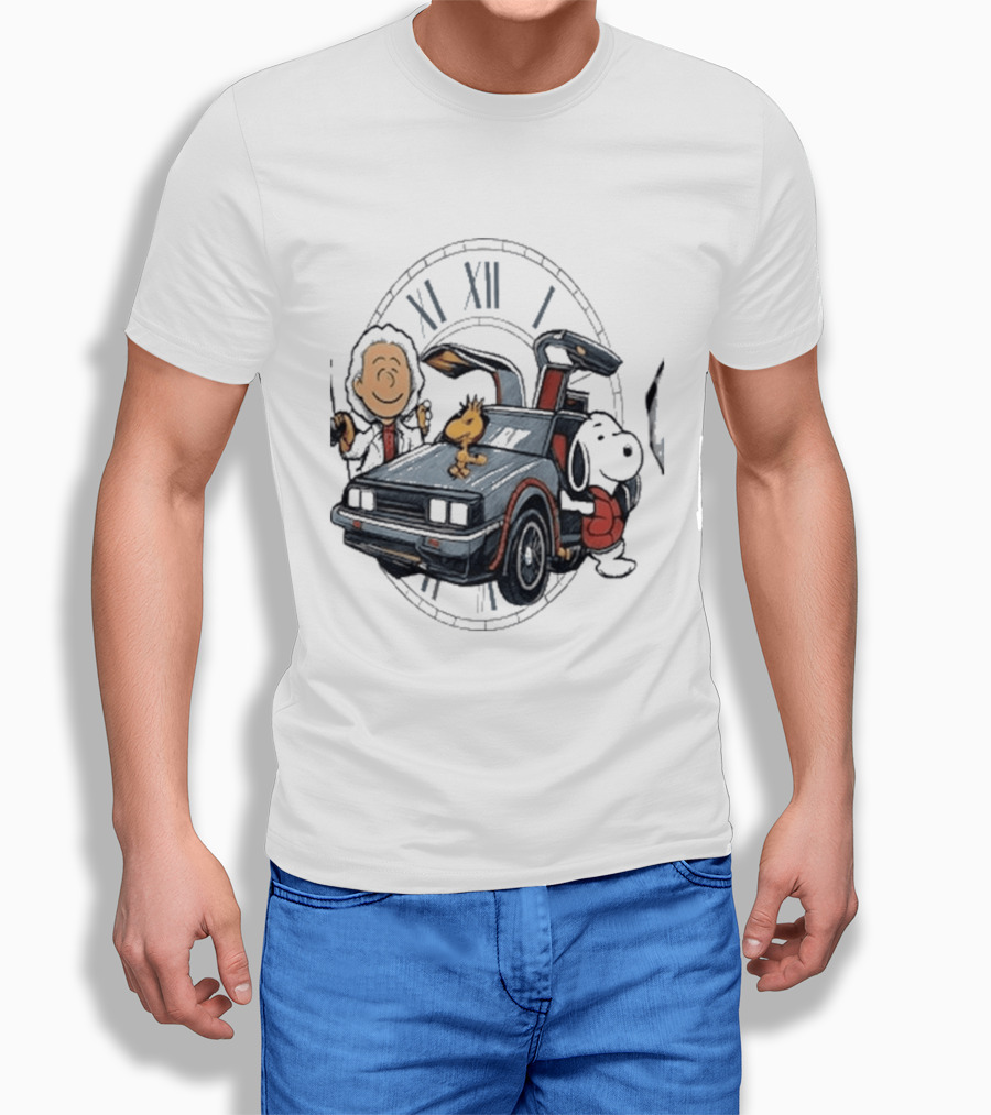 Peanuts Characters With DeLorean Time Machine And T-Shirt