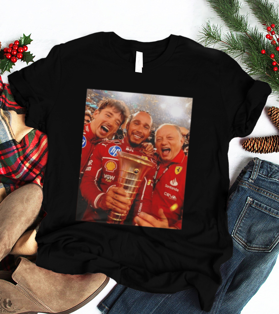Charles Leclerc Lewis Hamilton Frederic Vasseur Ferrari Victory Celebration Trophy BP Shell Santander CEVA Racing T-Shirt