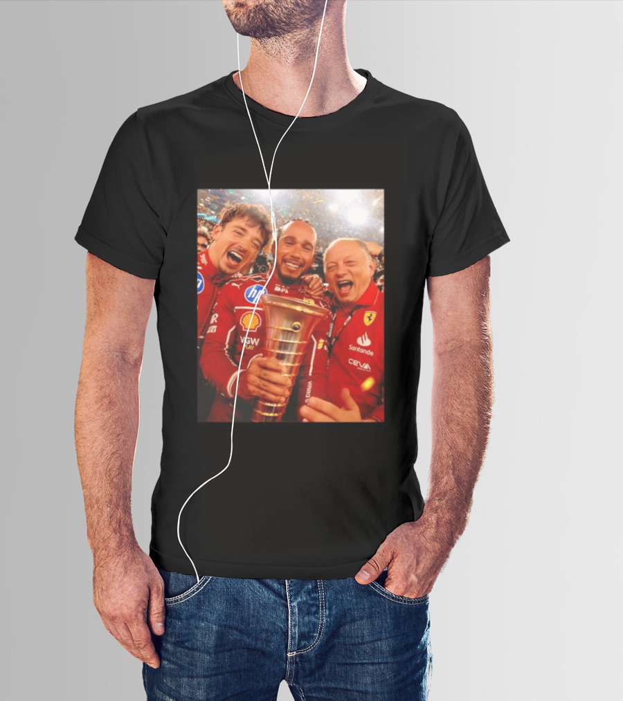 Charles Leclerc Lewis Hamilton Frederic Vasseur Ferrari Victory Celebration Trophy BP Shell Santander CEVA Racing T-Shirt