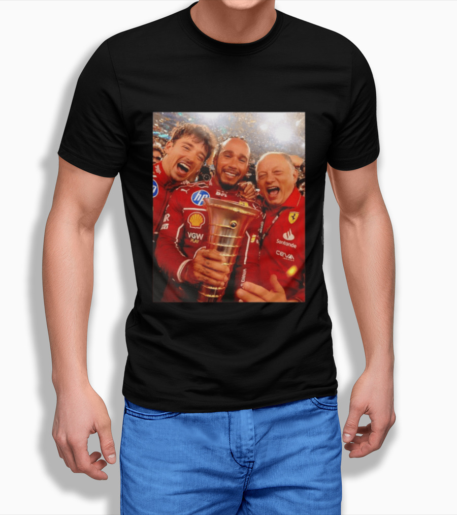 Charles Leclerc Lewis Hamilton Frederic Vasseur Ferrari Victory Celebration Trophy BP Shell Santander CEVA Racing T-Shirt