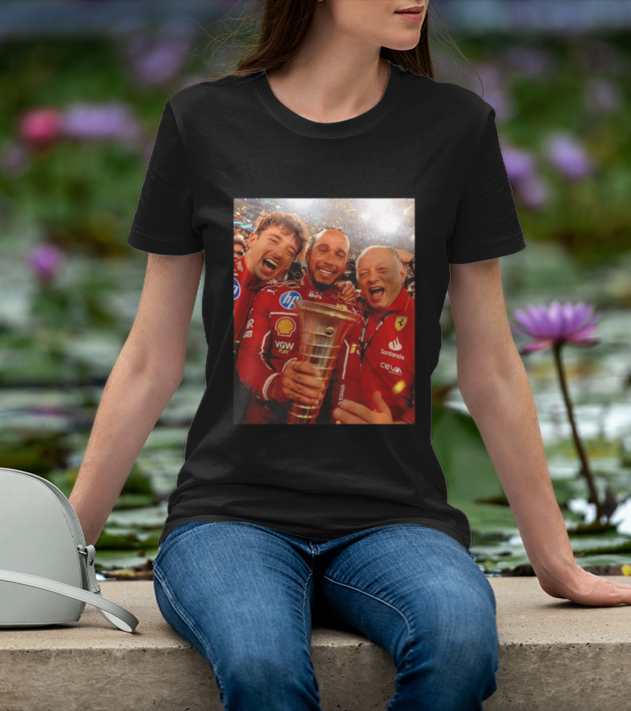 Charles Leclerc Lewis Hamilton Frederic Vasseur Ferrari Victory Celebration Trophy BP Shell Santander CEVA Racing T-Shirt