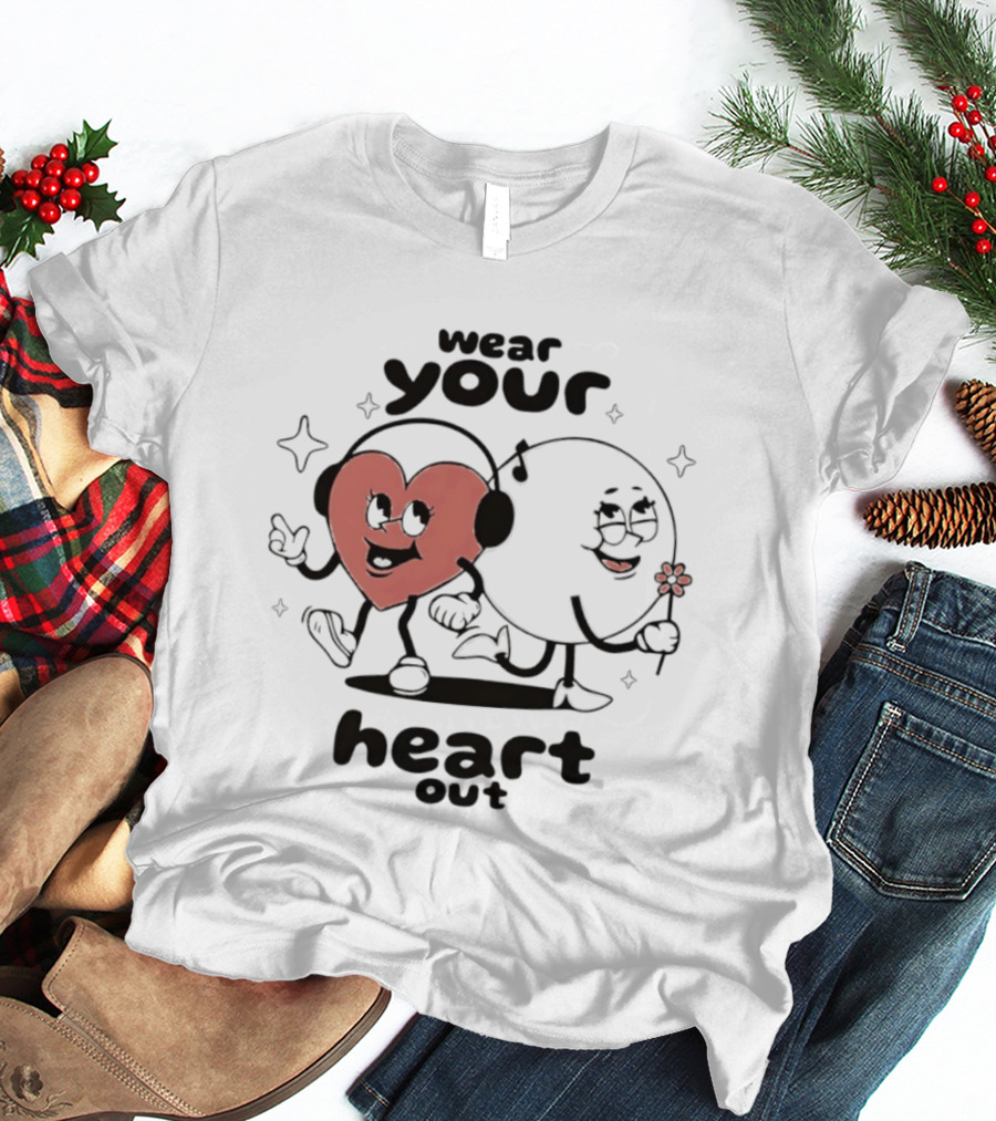 Wear Your Heart Out Love Aesthetic Headphones And Flower Cartoon Characters T-Shirt