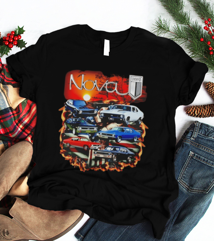Nova Chevy II American Flag Muscle Car Collection Vintage Sunset T-Shirt