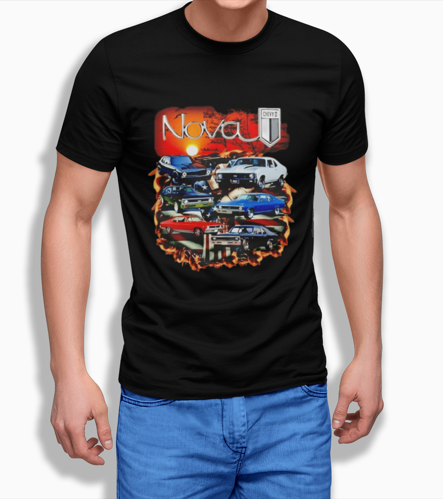 Nova Chevy II American Flag Muscle Car Collection Vintage Sunset T-Shirt
