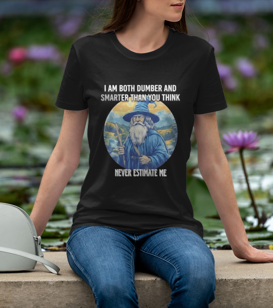 I Am Both Dumber And Smarter Than You Think Never Estimate Me Wizard Blue Robe And Hat Mountain T-Shirt