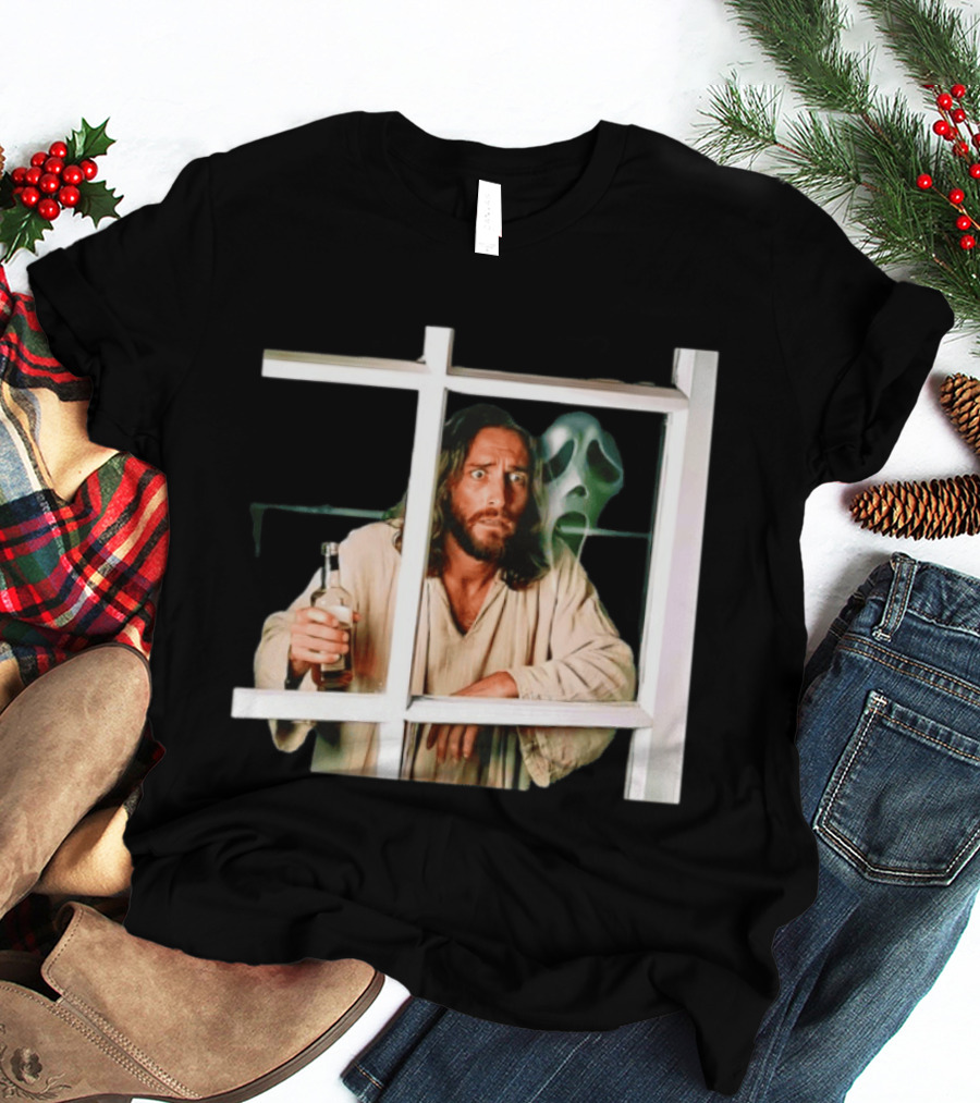 Jesus Drinking Whiskey With Ghostface Killer Behind Window T-Shirt