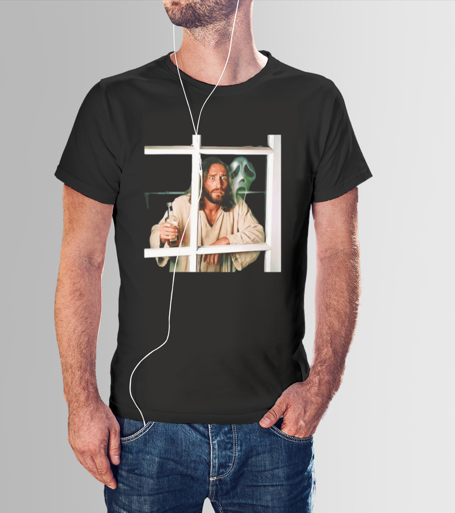 Jesus Drinking Whiskey With Ghostface Killer Behind Window T-Shirt