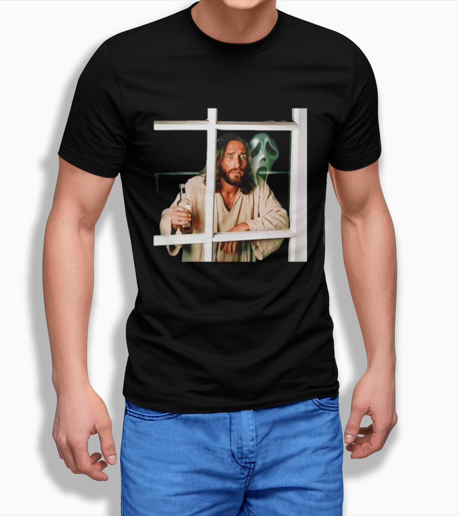 Jesus Drinking Whiskey With Ghostface Killer Behind Window T-Shirt