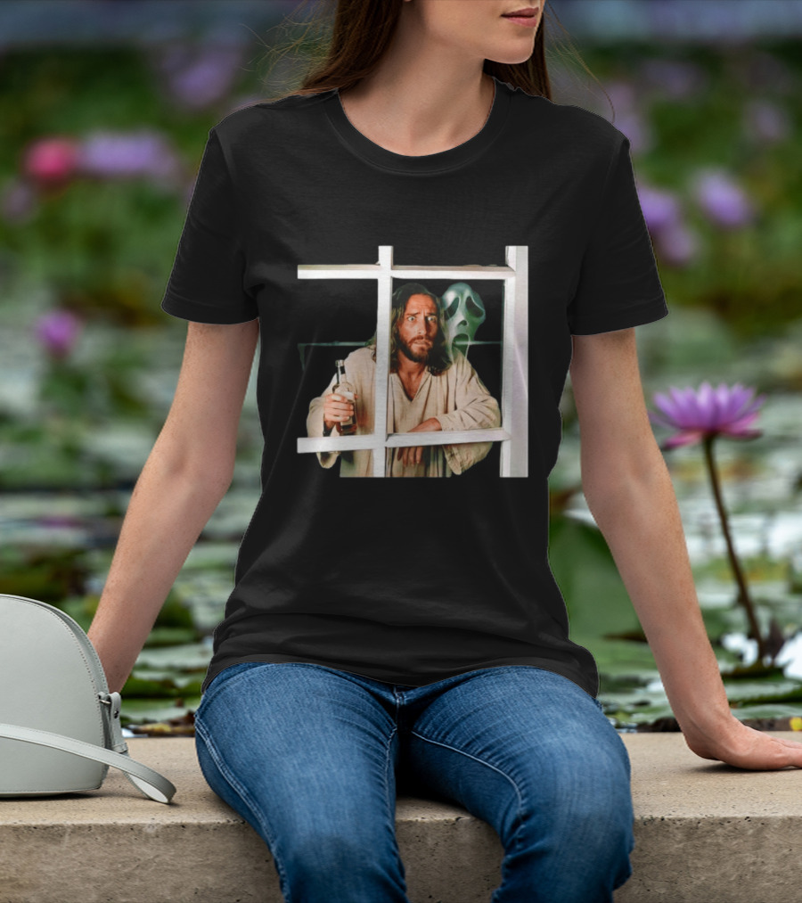 Jesus Drinking Whiskey With Ghostface Killer Behind Window T-Shirt