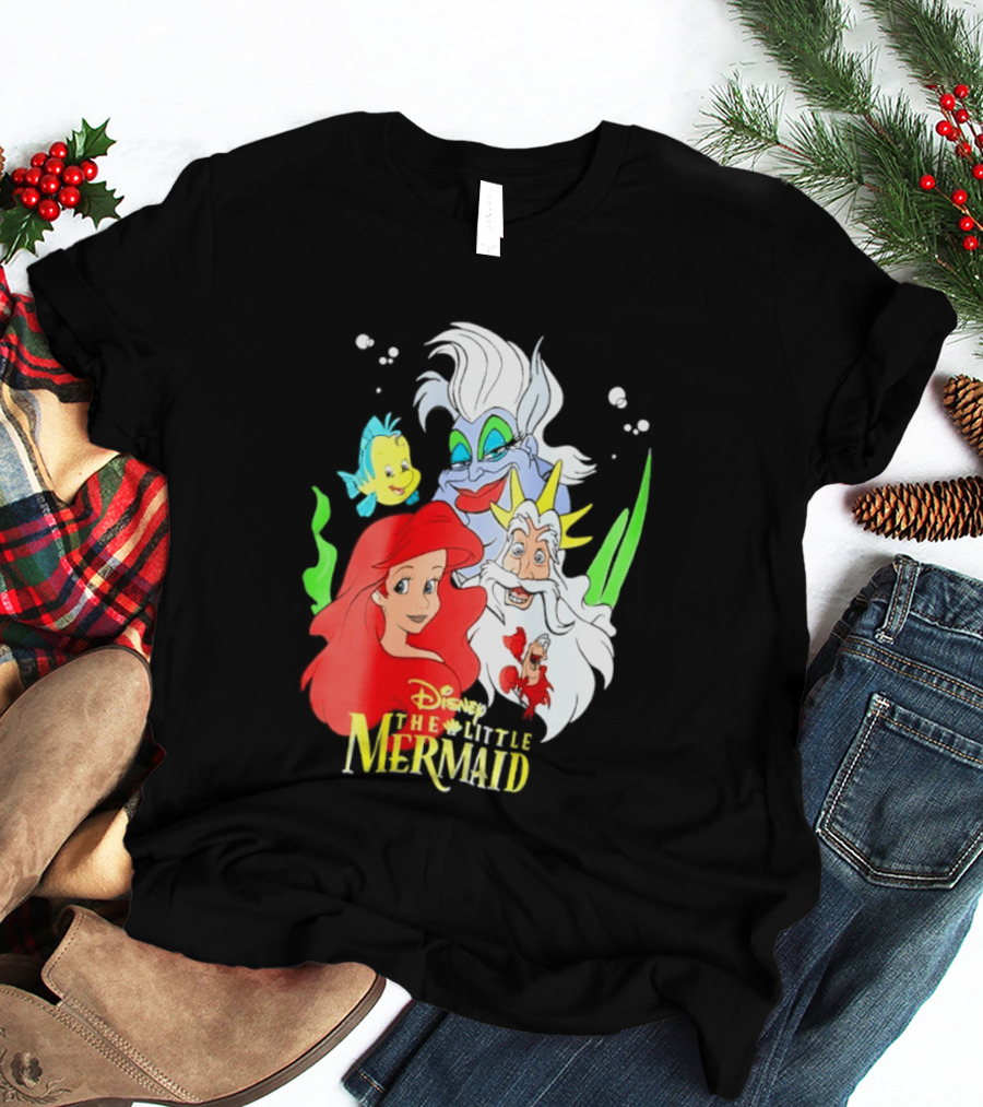 Disney The Little Mermaid Ariel Ursula King Triton Flounder Characters T-Shirt