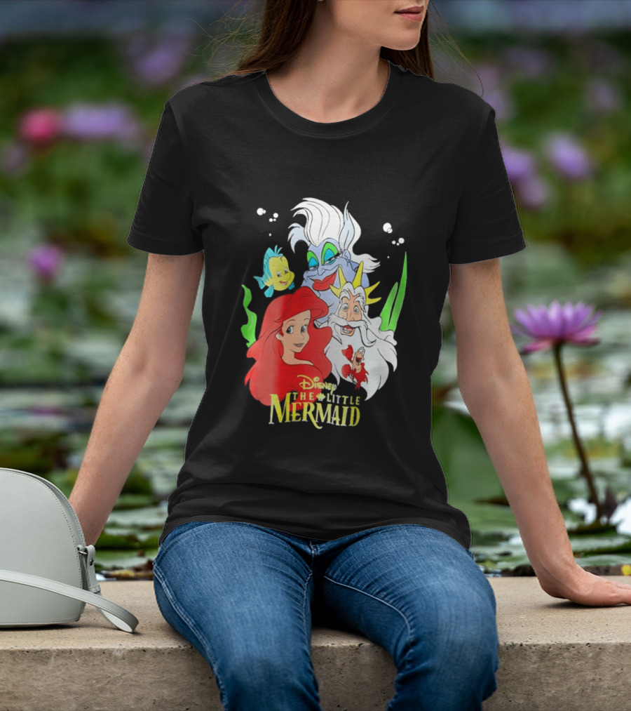 Disney The Little Mermaid Ariel Ursula King Triton Flounder Characters T-Shirt