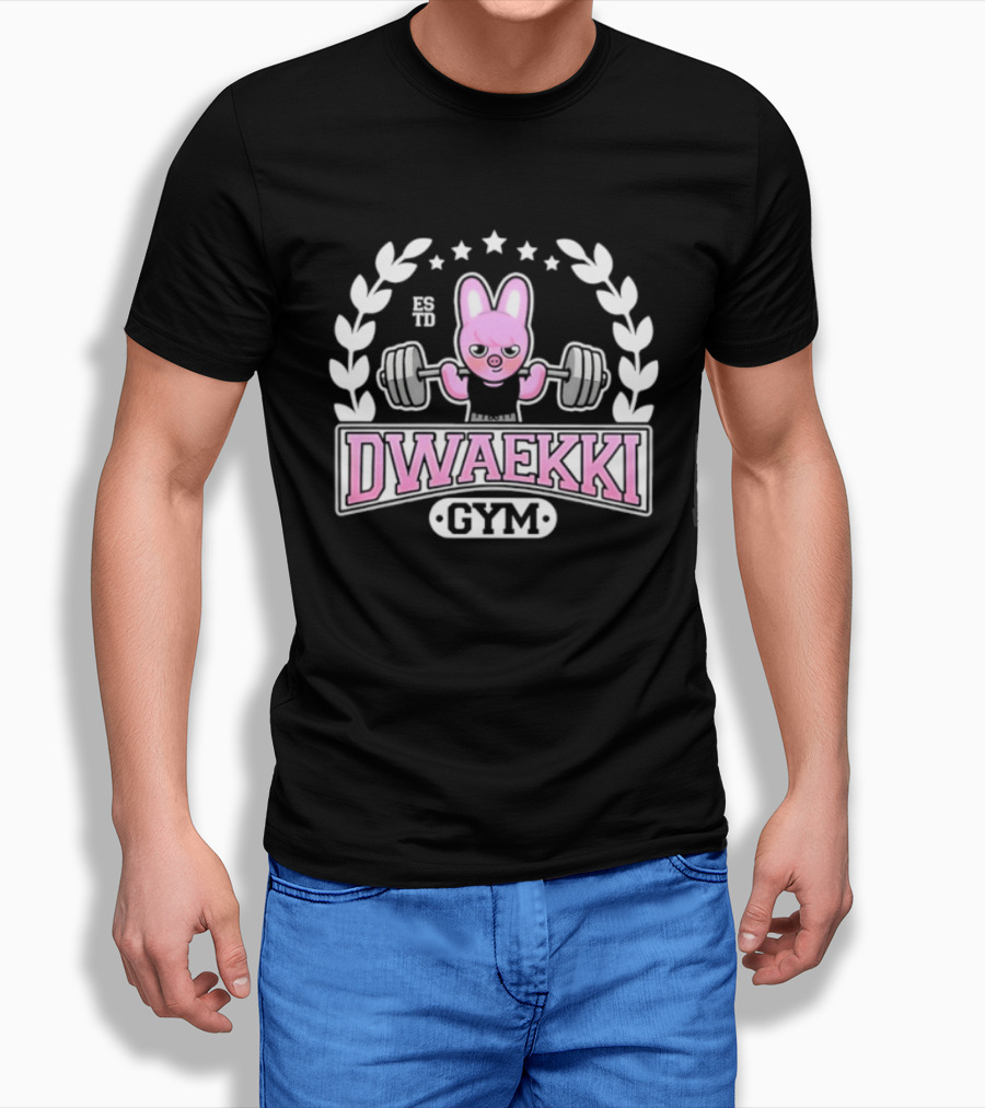 Dwaekki Gym Stray Hyunjin SKZOO K Pop Weightlifting Bunny Character Fitness Fan Gear T-Shirt
