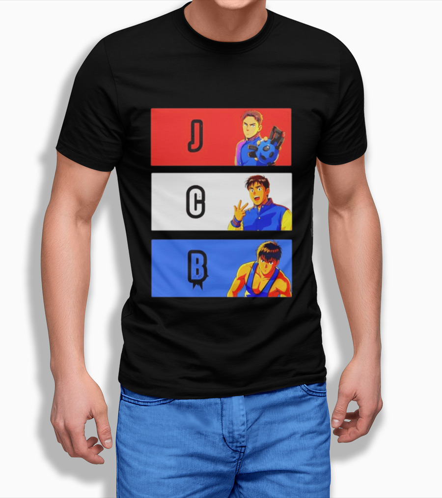 JCB Anime Characters Red White Blue Panels T-Shirt