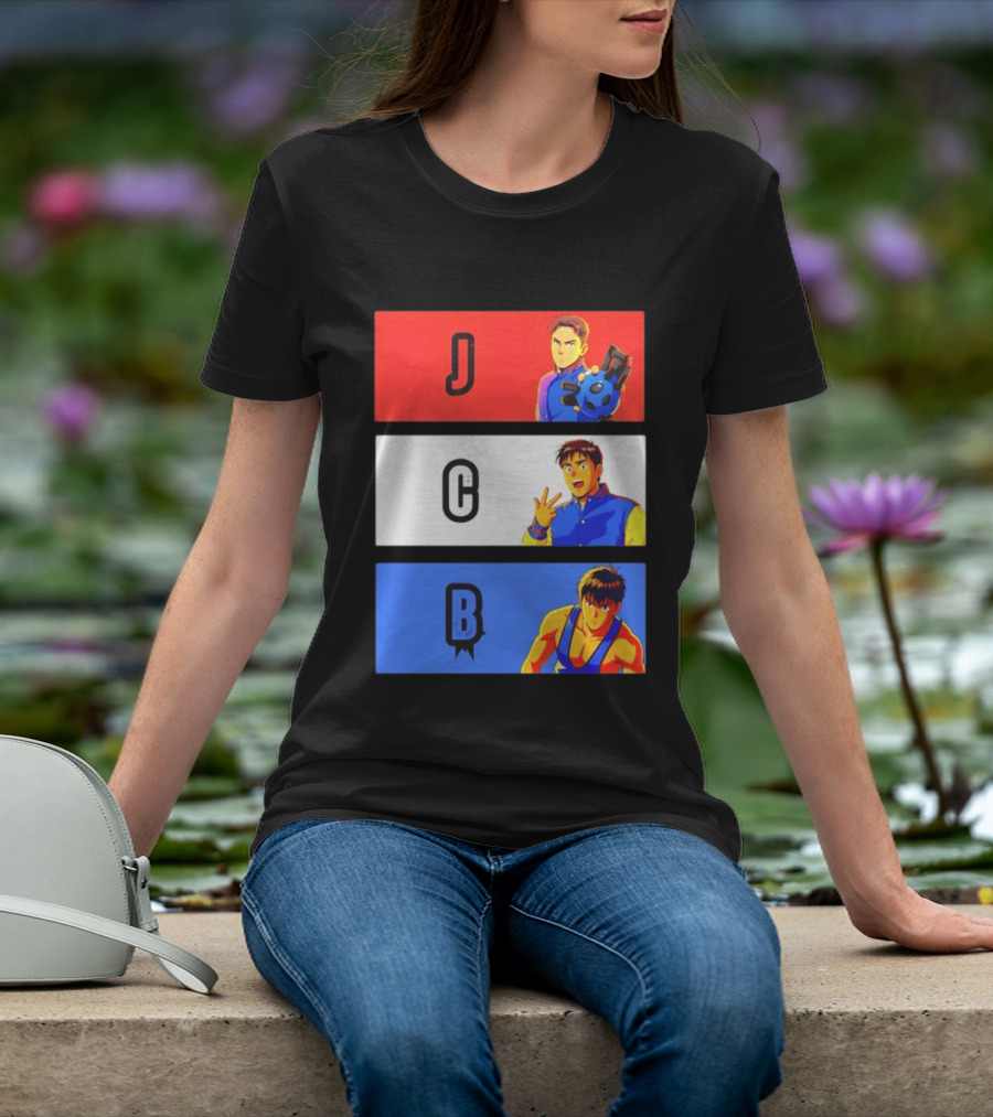 JCB Anime Characters Red White Blue Panels T-Shirt