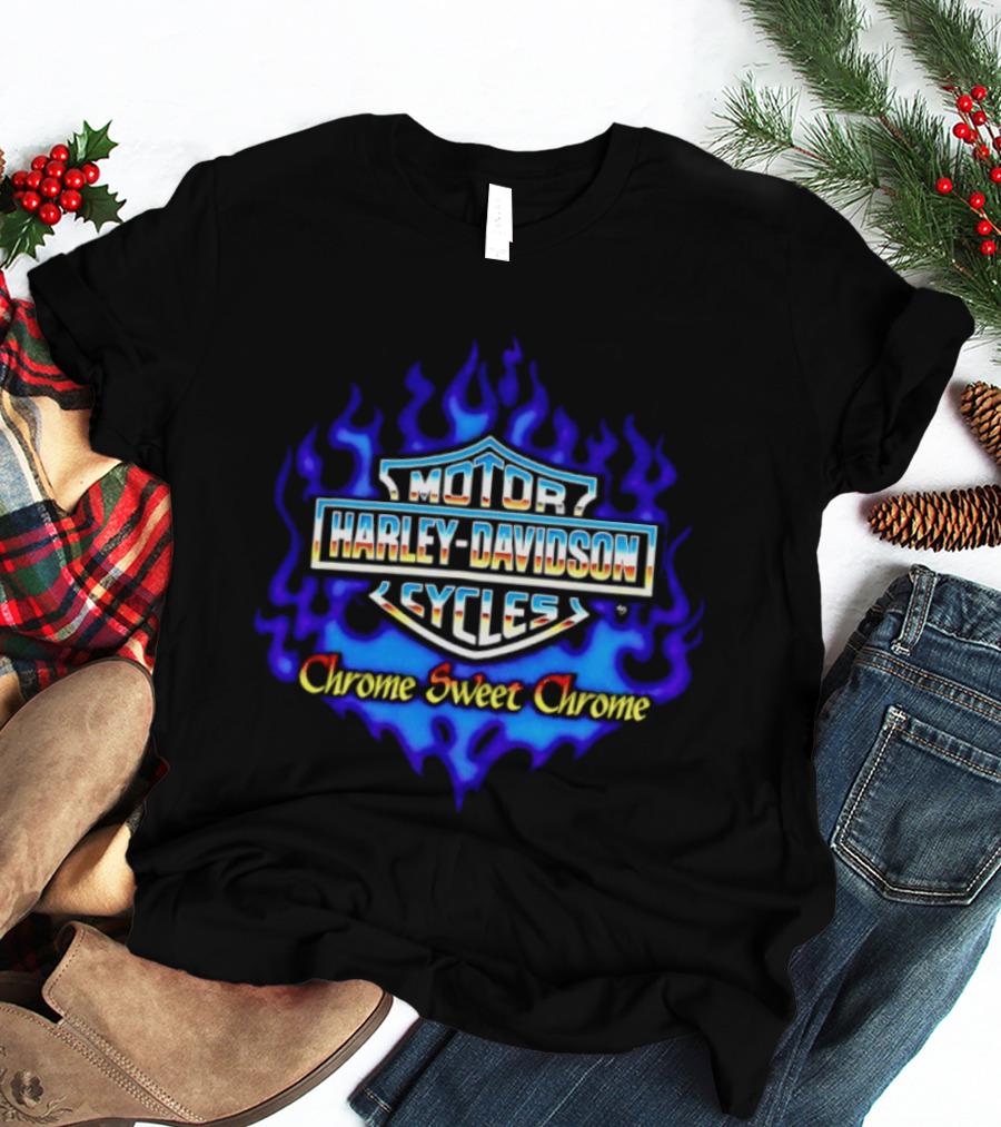 Harley Davidson Motor Cycles Chrome Sweet Chrome Blue Flames T-Shirt