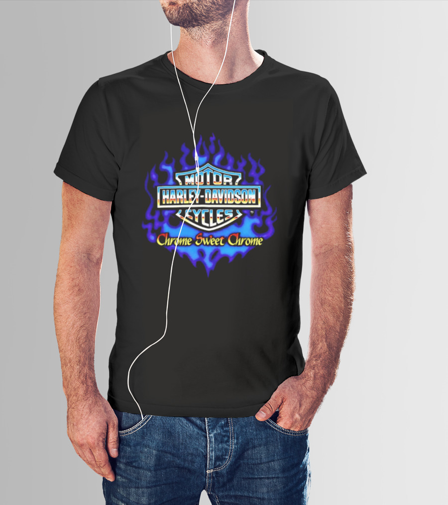 Harley Davidson Motor Cycles Chrome Sweet Chrome Blue Flames T-Shirt