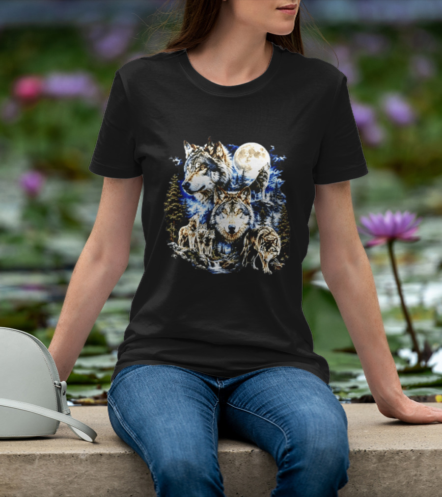 MS Studio Wolf Pack Full Moon Forest Wilderness Nature T-Shirt