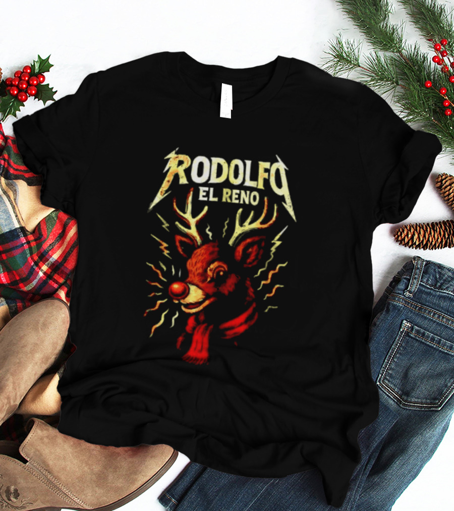 Rodolfo El Reno Heavy Metal Reindeer Christmas Lightning Antlers T-Shirt