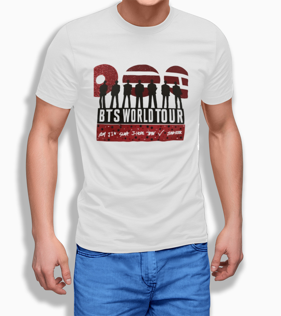BTS World Tour RM Jin Suga J Hope Jimin V Jungkook Silhouettes Red Sparkle T-Shirt