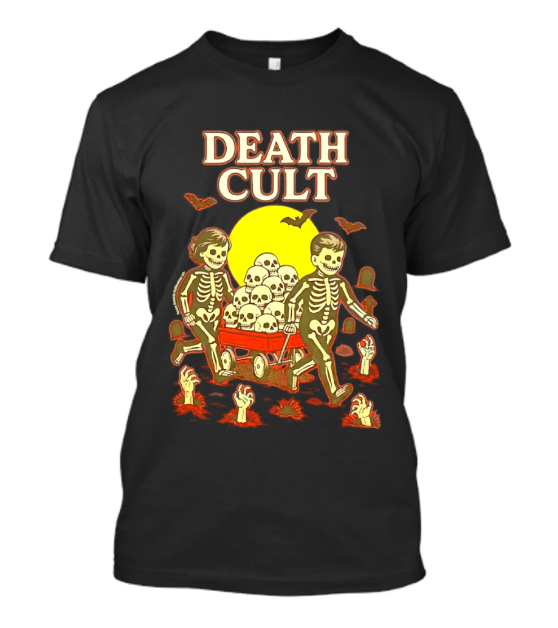 Death Cult Skeleton Kids Hauling Skull Filled Wagon With Rising Hands And Bats T-Shirt