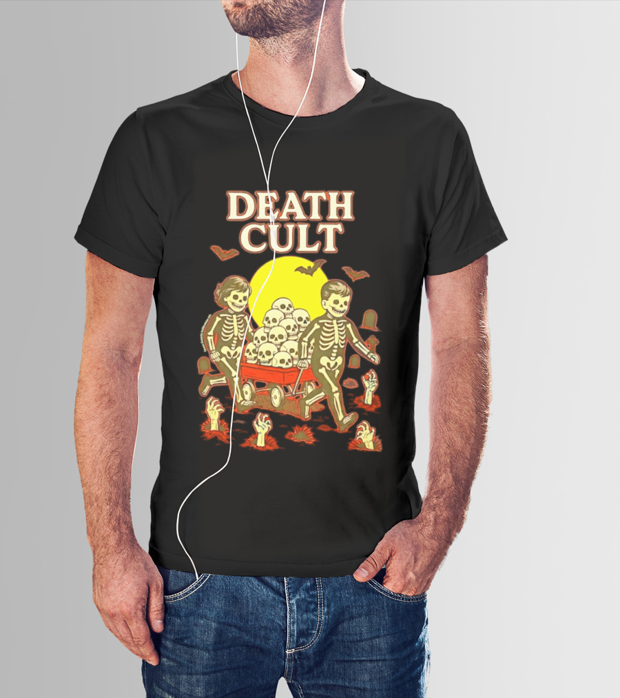 Death Cult Skeleton Kids Hauling Skull Filled Wagon With Rising Hands And Bats T-Shirt