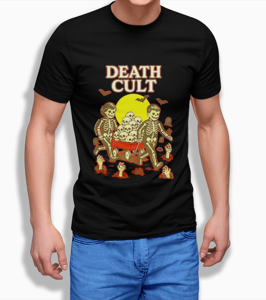 Death Cult Skeleton Kids Hauling Skull Filled Wagon With Rising Hands And Bats T-Shirt