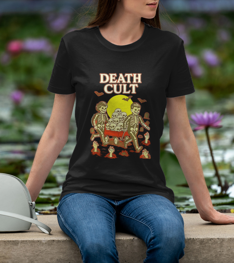 Death Cult Skeleton Kids Hauling Skull Filled Wagon With Rising Hands And Bats T-Shirt
