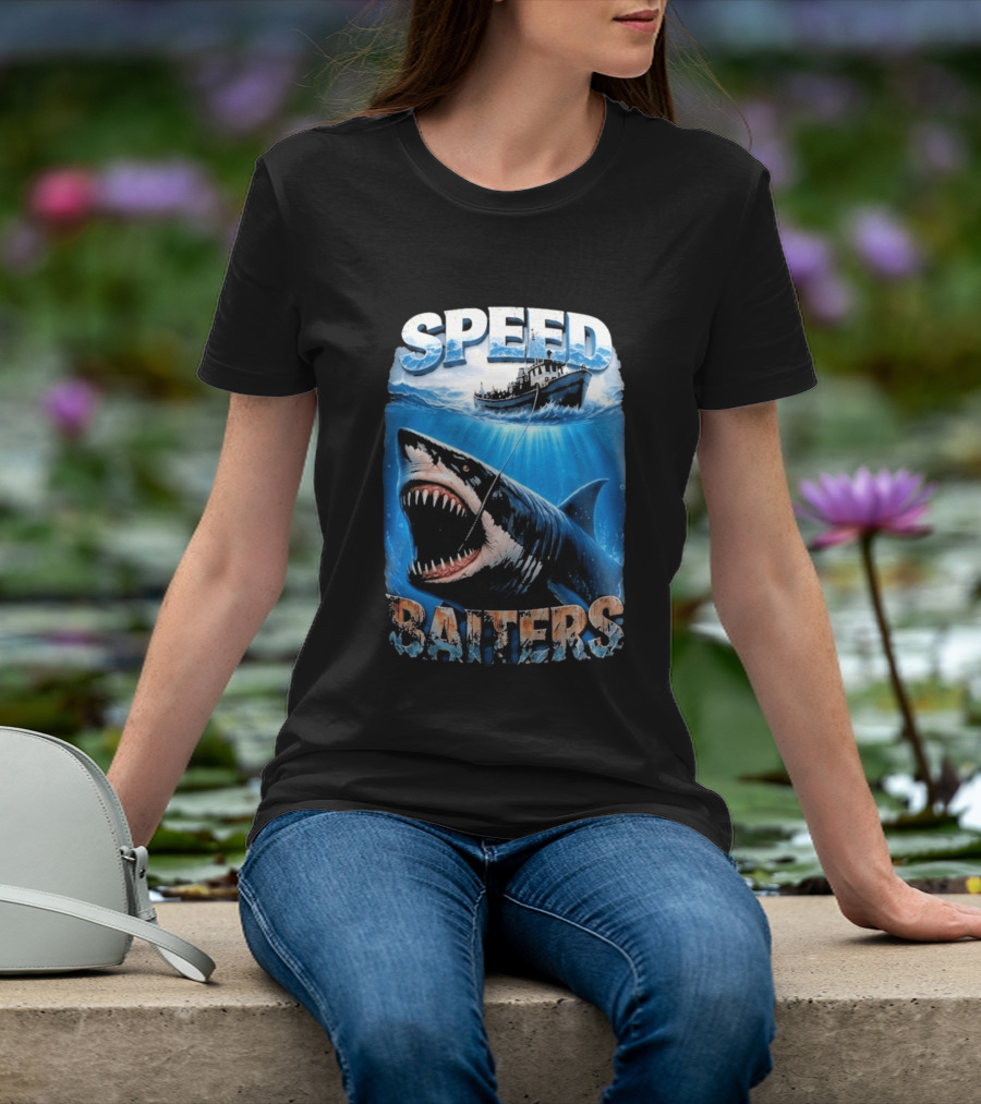 Speed Baiters Shark With Boat And Ocean T-Shirt