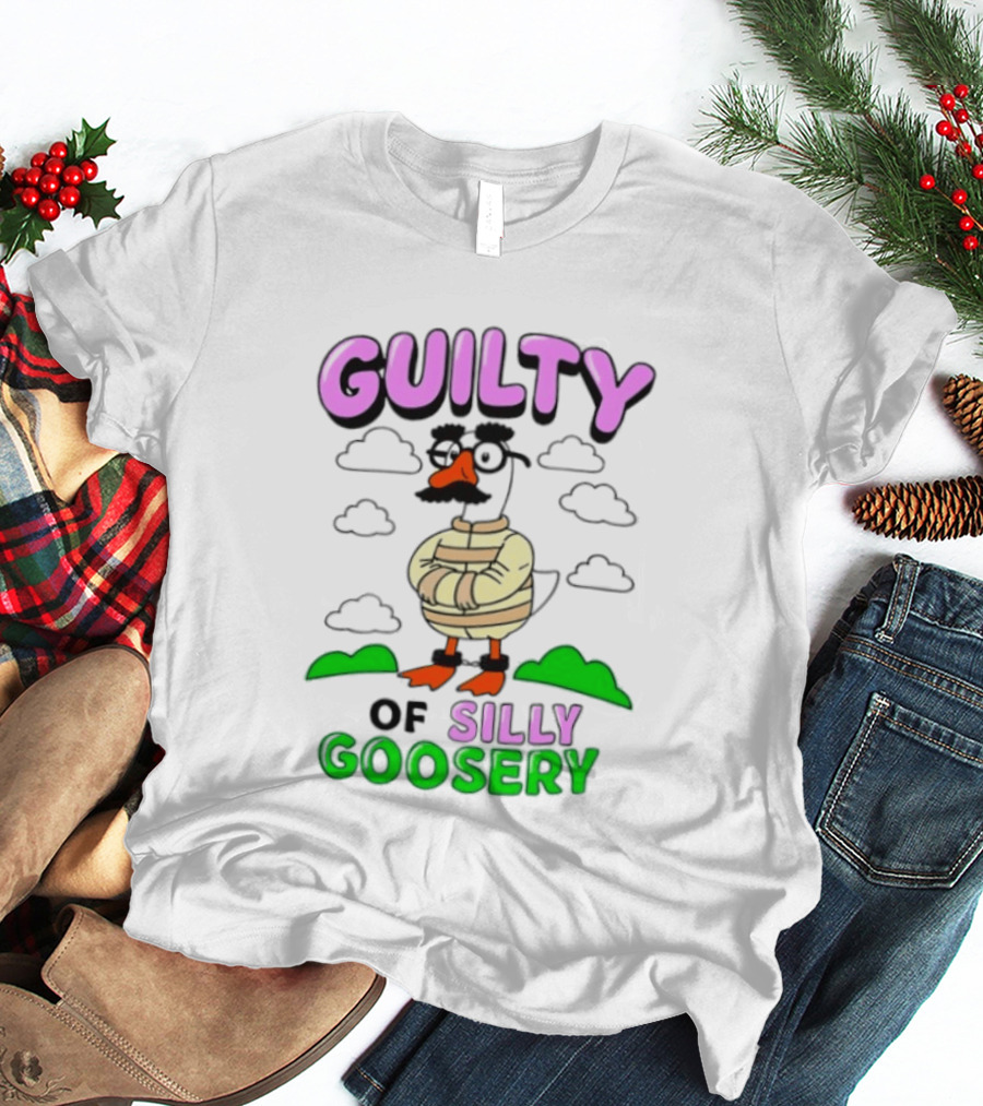 Guilty Of Silly Goosery Cartoon Goose In Striped Suit T-Shirt