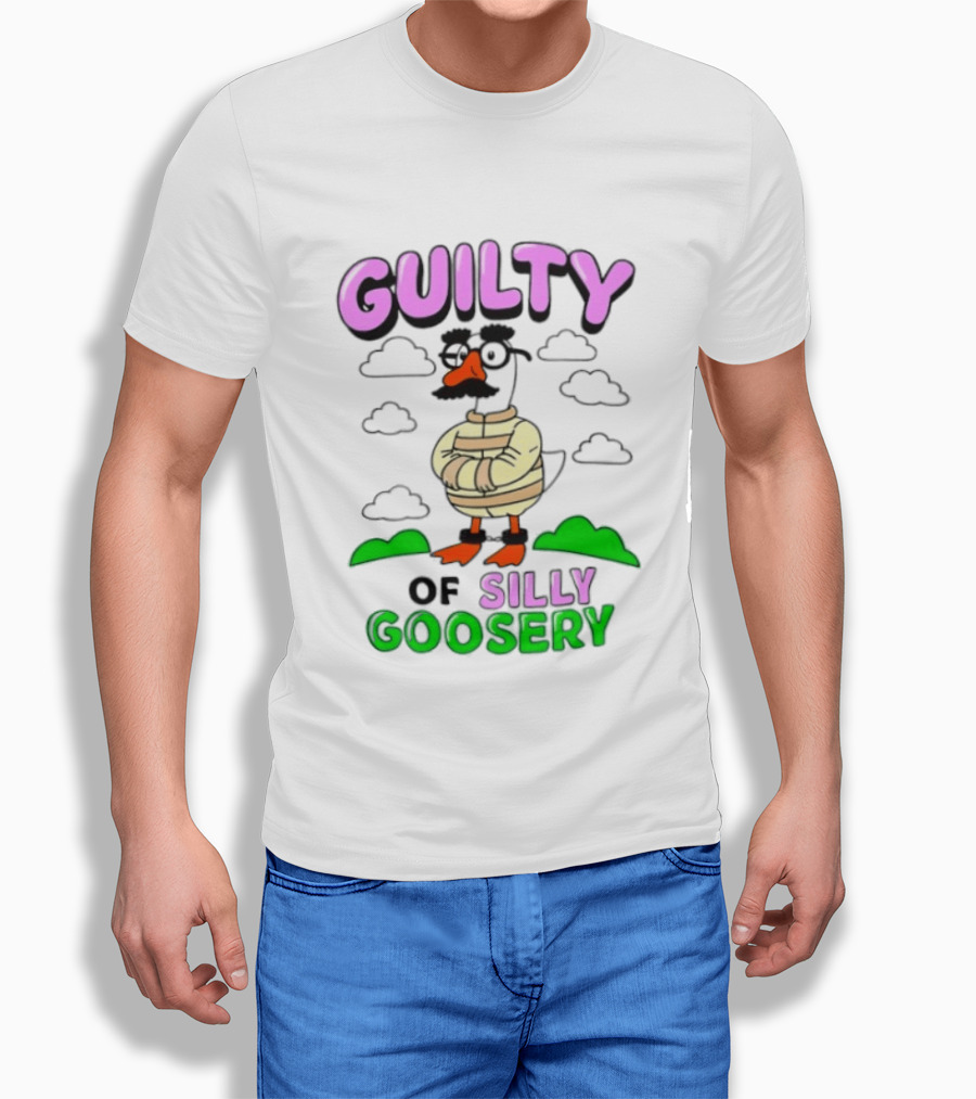 Guilty Of Silly Goosery Cartoon Goose In Striped Suit T-Shirt