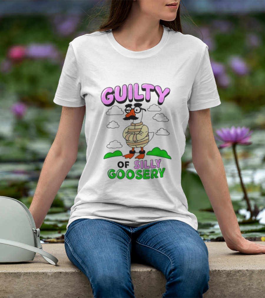 Guilty Of Silly Goosery Cartoon Goose In Striped Suit T-Shirt